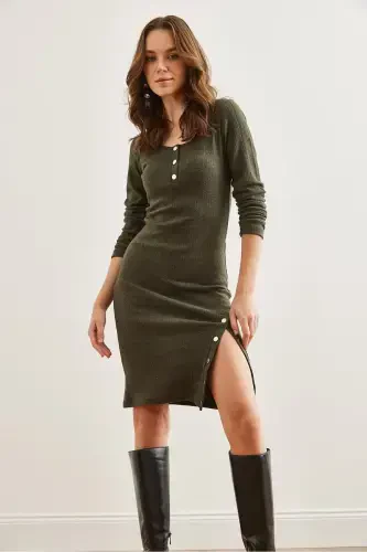 Women's Khaki Button Detailed Slit Flexible Sweatshirt - 6