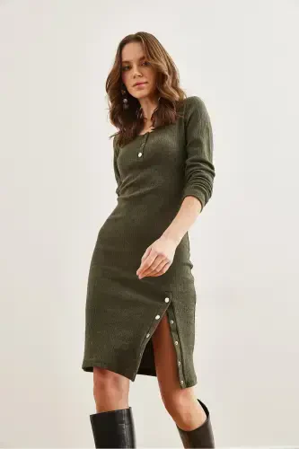 Women's Khaki Button Detailed Slit Flexible Sweatshirt - 7