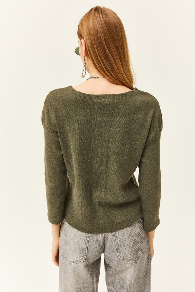 Women's Khaki Button Down Tartan Relaxed Sweater KZK-19000721 - 5