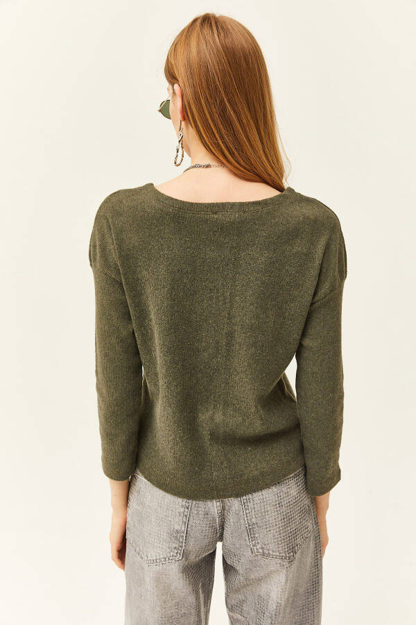 Women's Khaki Button Down Tartan Relaxed Sweater KZK-19000721 - 5