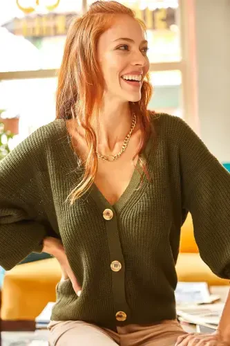 Women's Khaki Buttoned Cardigan HRK-19000046-Khaki - 1