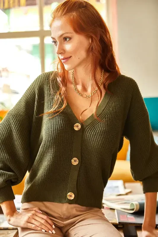 Women's Khaki Buttoned Cardigan HRK-19000046-Khaki - 2