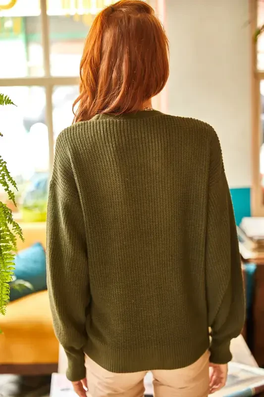 Women's Khaki Buttoned Cardigan HRK-19000046-Khaki - 6