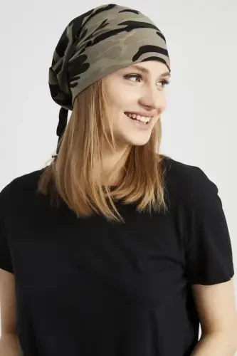 Women's Khaki, Camouflage Patterned, String Detailed 4 Seasons Hat Beanie Buff Ultra Soft Natural Combed Cotton-Khaki camouflage - 1