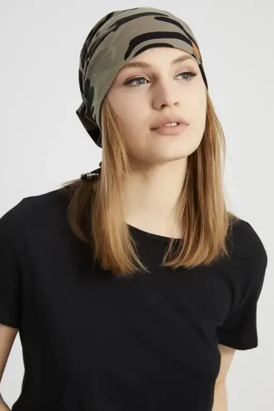 Women's Khaki, Camouflage Patterned, String Detailed 4 Seasons Hat Beanie Buff Ultra Soft Natural Combed Cotton-Khaki camouflage - 2