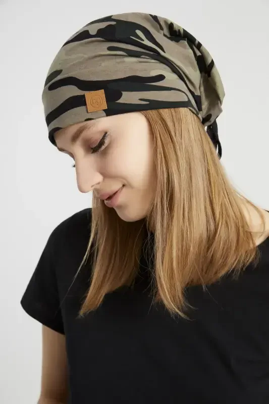 Women's Khaki, Camouflage Patterned, String Detailed 4 Seasons Hat Beanie Buff Ultra Soft Natural Combed Cotton-Khaki camouflage - 3