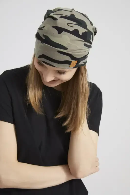 Women's Khaki, Camouflage Patterned, String Detailed 4 Seasons Hat Beanie Buff Ultra Soft Natural Combed Cotton-Khaki camouflage - 4