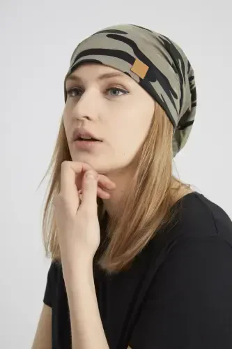 Women's Khaki, Camouflage Patterned, String Detailed 4 Seasons Hat Beanie Buff Ultra Soft Natural Combed Cotton-Khaki camouflage - 5