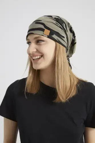 Women's Khaki, Camouflage Patterned, String Detailed 4 Seasons Hat Beanie Buff Ultra Soft Natural Combed Cotton-Khaki camouflage - 7