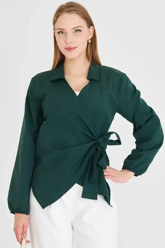 Women's Khaki Collared Crossover Blouse ARM-22Y024025-Khaki - 1