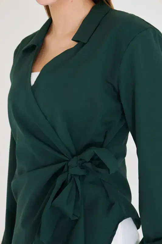 Women's Khaki Collared Crossover Blouse ARM-22Y024025-Khaki - 2