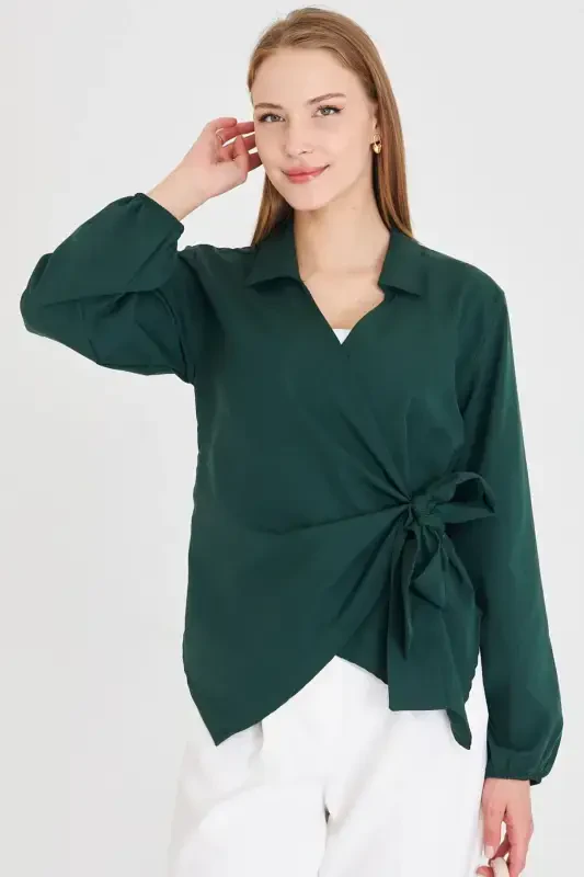 Women's Khaki Collared Crossover Blouse ARM-22Y024025-Khaki - 4