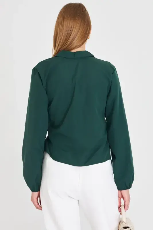 Women's Khaki Collared Crossover Blouse ARM-22Y024025-Khaki - 5