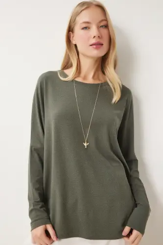 Women's Khaki Crew Neck Bat Sleeve Knitted Blouse EN00616-Khaki - 2