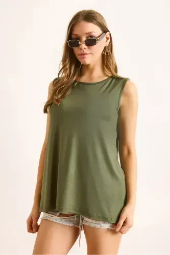 Women's Khaki Crew Neck Long Sleeveless Knitted Viscose Blouse BLZ-19002934-Khaki - 2