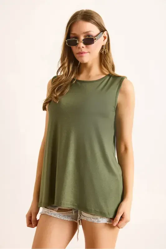 Women's Khaki Crew Neck Long Sleeveless Knitted Viscose Blouse BLZ-19002934-Khaki - 2