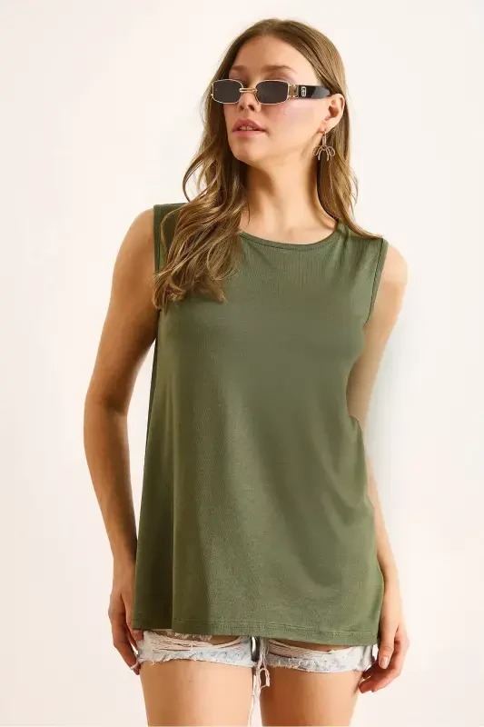 Women's Khaki Crew Neck Long Sleeveless Knitted Viscose Blouse BLZ-19002934-Khaki - 3