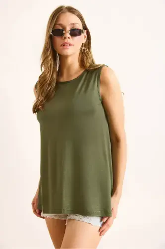 Women's Khaki Crew Neck Long Sleeveless Knitted Viscose Blouse BLZ-19002934-Khaki - 4
