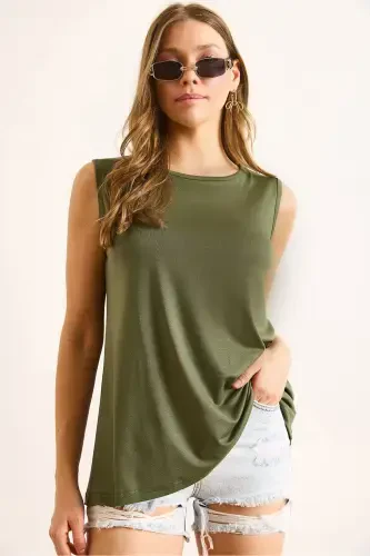 Women's Khaki Crew Neck Long Sleeveless Knitted Viscose Blouse BLZ-19002934-Khaki - 5