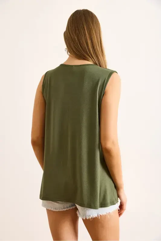 Women's Khaki Crew Neck Long Sleeveless Knitted Viscose Blouse BLZ-19002934-Khaki - 6
