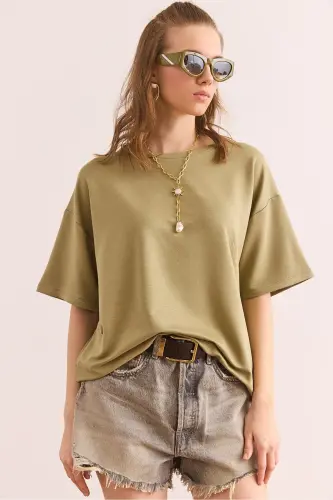 Women's Khaki Crew Neck Oversize Soft Touch T-shirt - 1