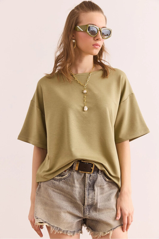 Women's Khaki Crew Neck Oversize Soft Touch T-shirt - 1