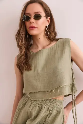 Women's Khaki Double Layer Raw Seam Lace-up Detailed Muesli 