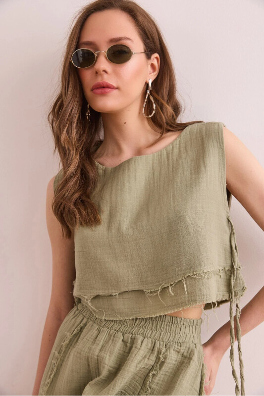 Women's Khaki Double Layer Raw Seam Lace-up Detailed Muesli - 1