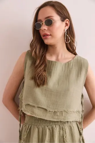 Women's Khaki Double Layer Raw Seam Lace-up Detailed Muesli - OLALOOK (1)