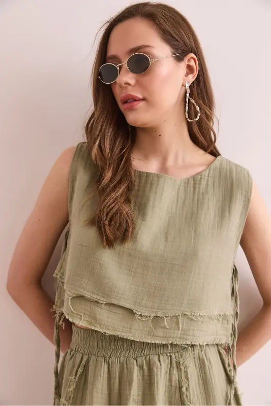 Women's Khaki Double Layer Raw Seam Lace-up Detailed Muesli - 2