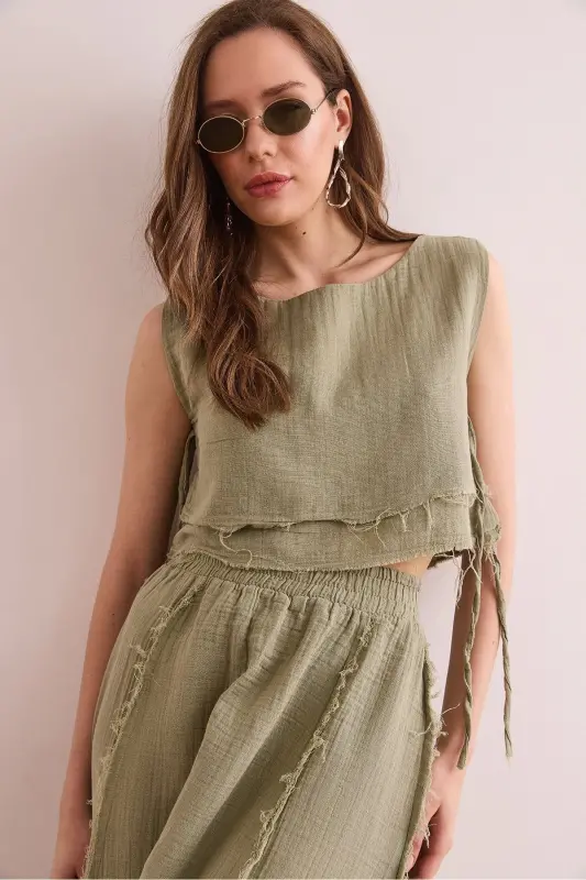 Women's Khaki Double Layer Raw Seam Lace-up Detailed Muesli - 3