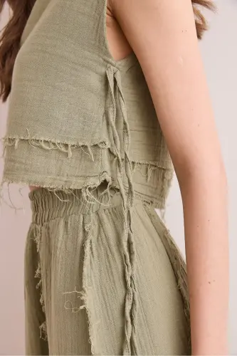 Women's Khaki Double Layer Raw Seam Lace-up Detailed Muesli - 4