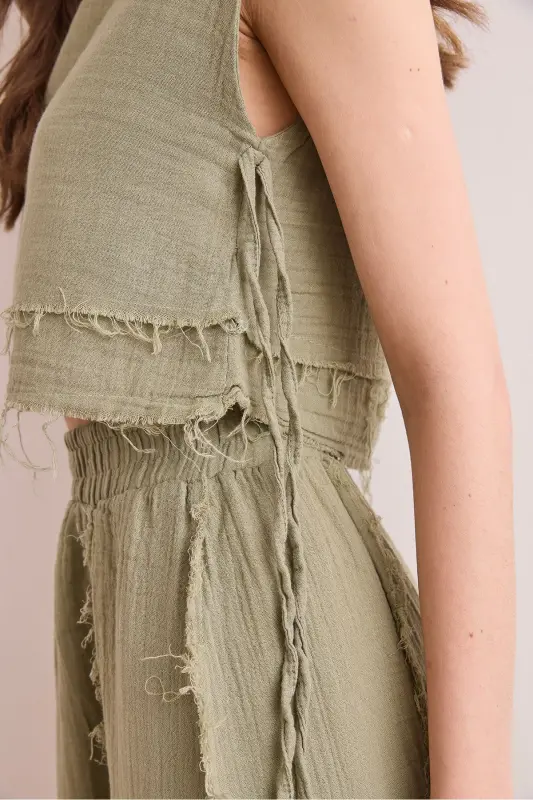 Women's Khaki Double Layer Raw Seam Lace-up Detailed Muesli - 4