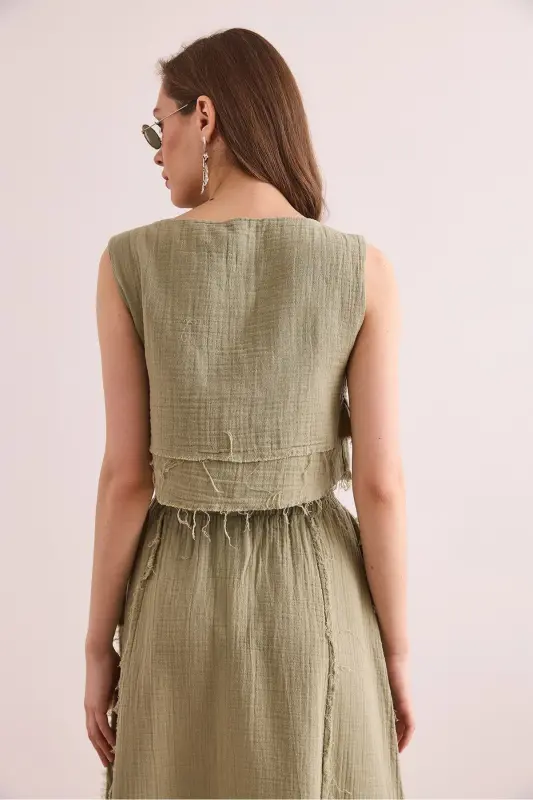 Women's Khaki Double Layer Raw Seam Lace-up Detailed Muesli - 5