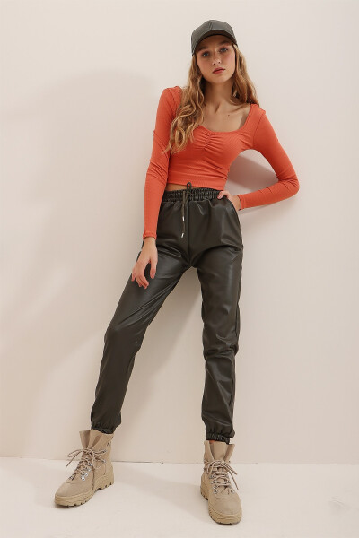 Women's Khaki Double Pocket Elastic Waist and Ankle Casual Faux Leather Pants ALC-X7329 - 1