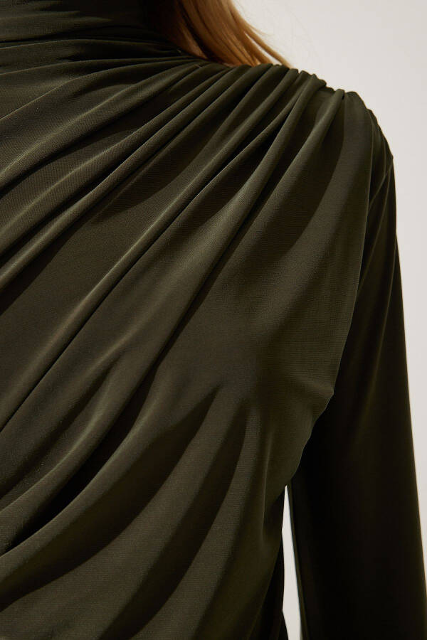 Women's Khaki Drawstring Detail Stand Collar Sandy Blouse FF00135 - 4