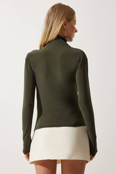 Women's Khaki Drawstring Detail Stand Collar Sandy Blouse FF00135 - 5