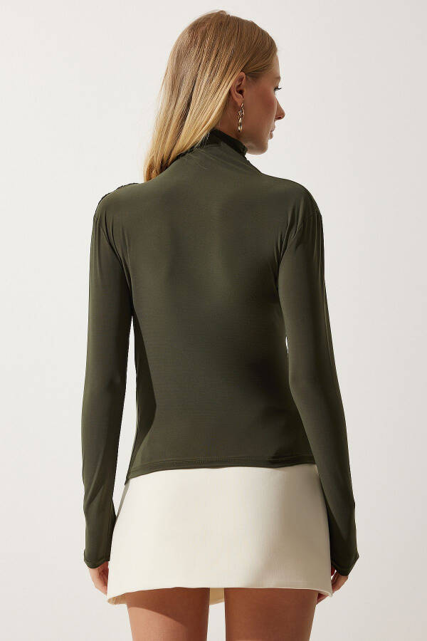 Women's Khaki Drawstring Detail Stand Collar Sandy Blouse FF00135 - 5