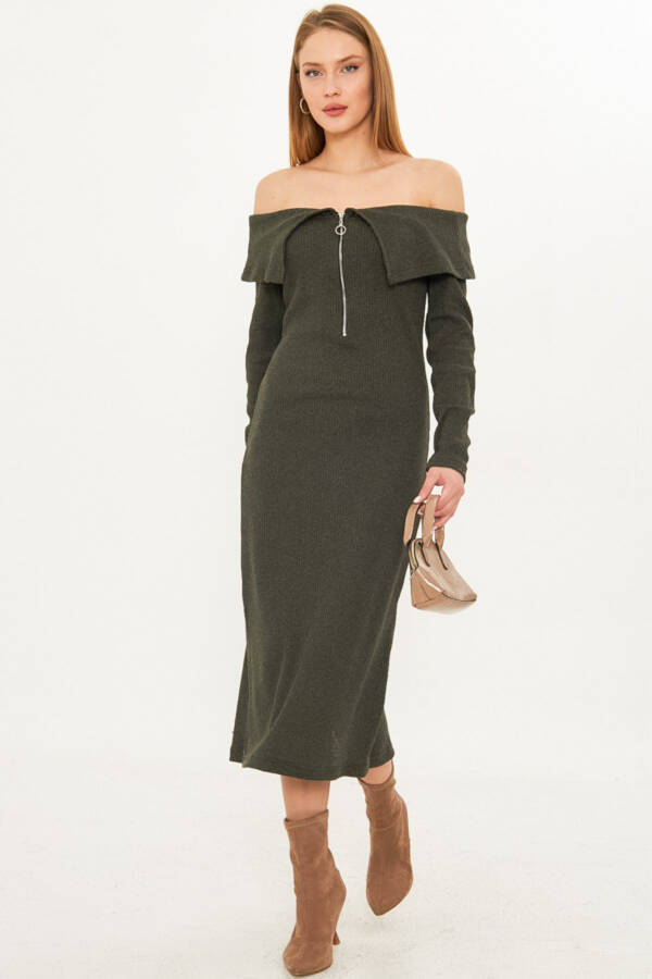 Women's Khaki Drop Shoulder Front Zipper Slit Mi - 6