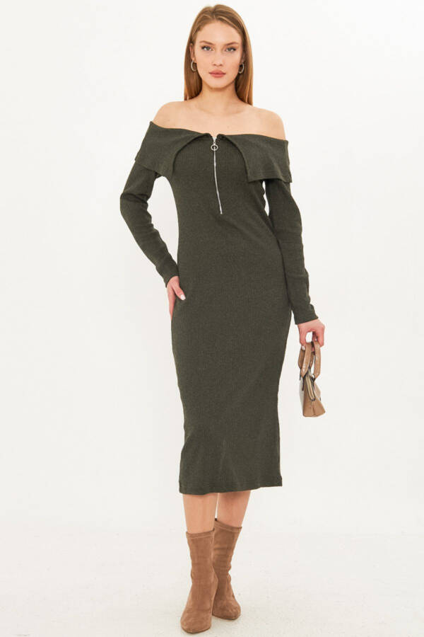 Women's Khaki Drop Shoulder Front Zipper Slit Mi - 7