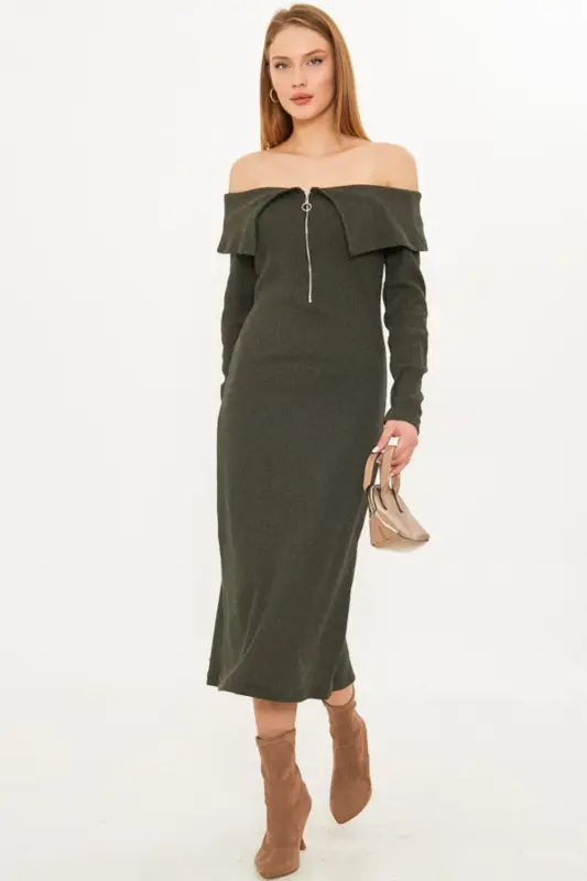 Women's Khaki Drop Shoulder Front Zipper Slit Mi - 2