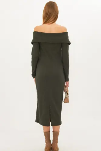 Women's Khaki Drop Shoulder Front Zipper Slit Mi - 5