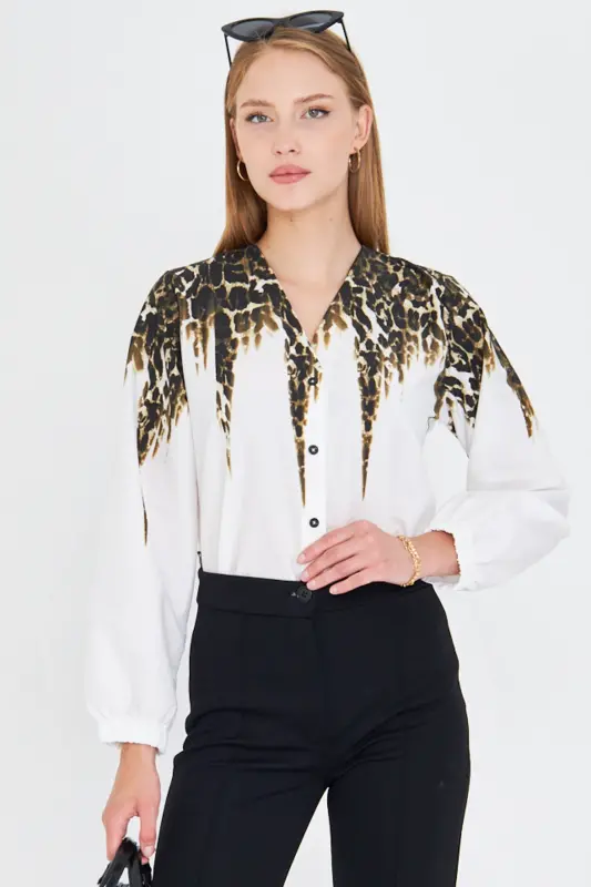 Women's Khaki Elastic Sleeve Patterned Shirt ARM-25Y001014-Khaki - 2