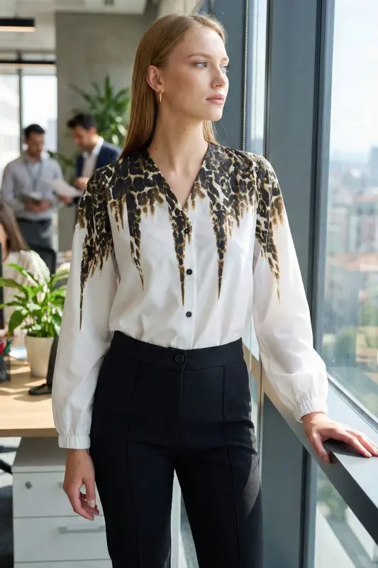 Women's Khaki Elastic Sleeve Patterned Shirt ARM-25Y001014-Khaki - 7