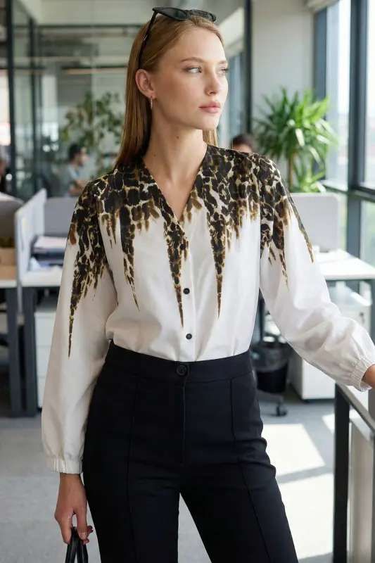 Women's Khaki Elastic Sleeve Patterned Shirt ARM-25Y001014-Khaki - 8