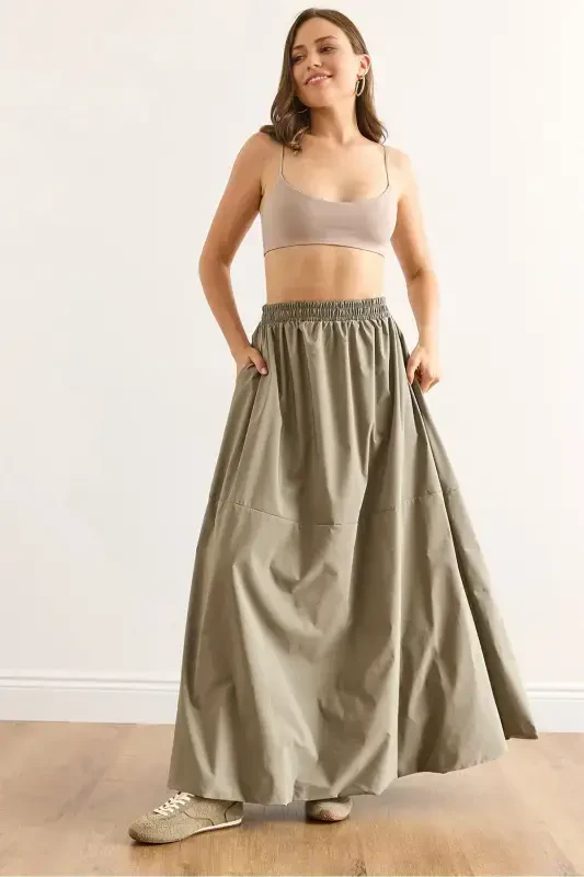 Women's Khaki Elastic Waist Maxi Balloon Parachute Bell Skirt - 1