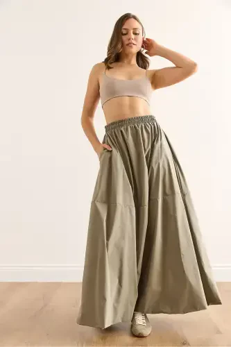 Women's Khaki Elastic Waist Maxi Balloon Parachute Bell Skirt - OLALOOK (1)