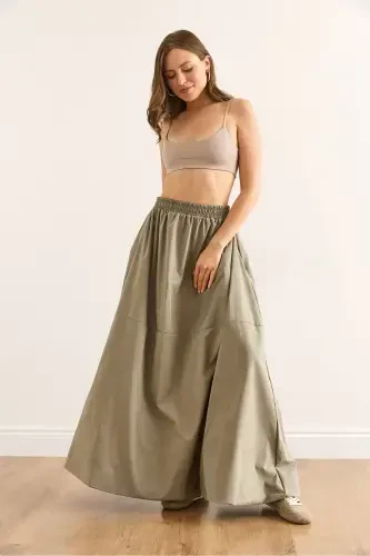 Women's Khaki Elastic Waist Maxi Balloon Parachute Bell Skirt - 3