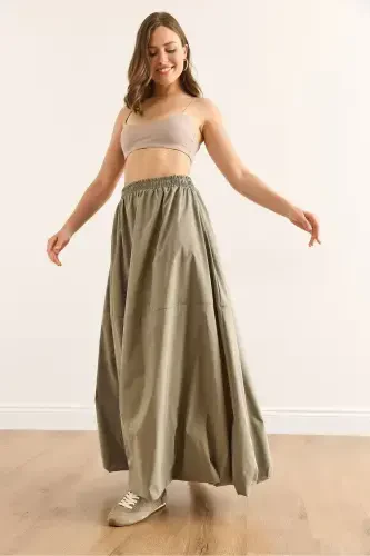 Women's Khaki Elastic Waist Maxi Balloon Parachute Bell Skirt - 4