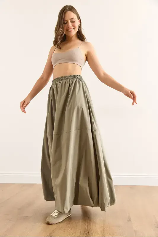 Women's Khaki Elastic Waist Maxi Balloon Parachute Bell Skirt - 4